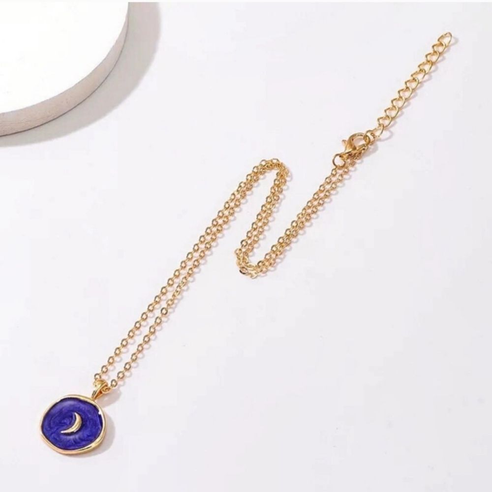 New gold Blue moon oil drop pendant celestial coin Medallion chain necklace